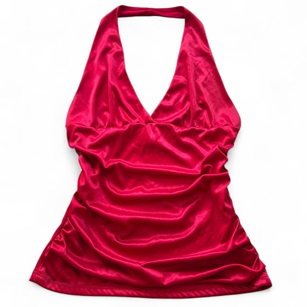 Vintage Y2K Red Wet Seal Ruched Glitter Halter Top Medium